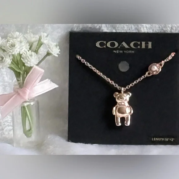 Coach 3D Teddy Bear Charm Necklace in Rose Gold and Gold - Picture 2 of 8